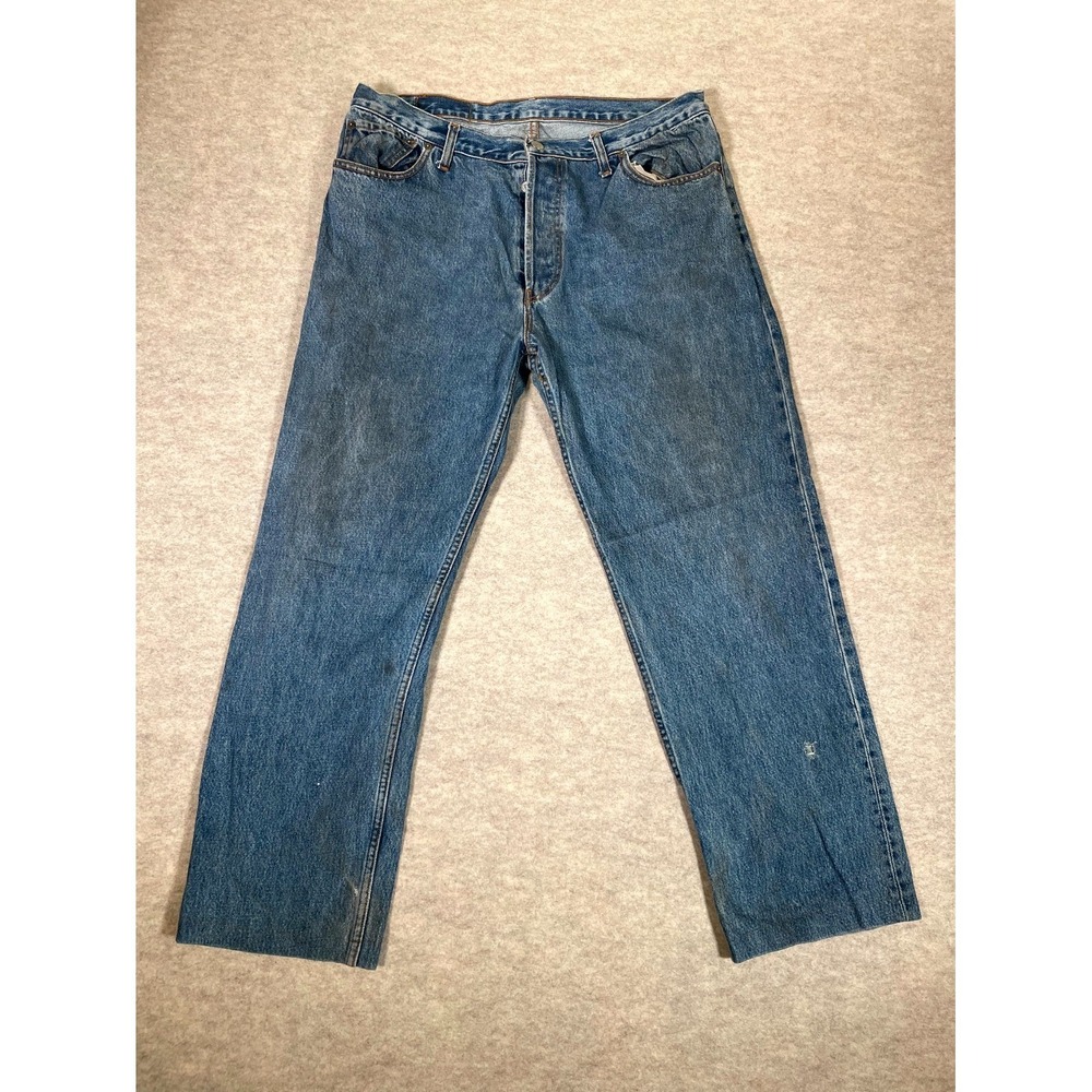 Levis 501 Original Fit Straight Jeans Men 36x36 Blue Whiskered Denim Logo Cotton